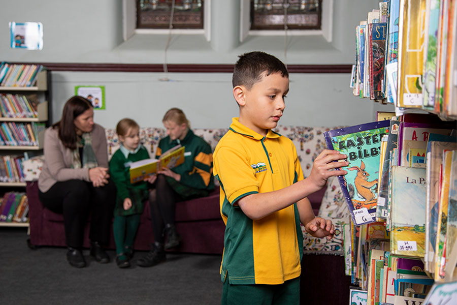 Junior school students reading in the library and browsing the shelves